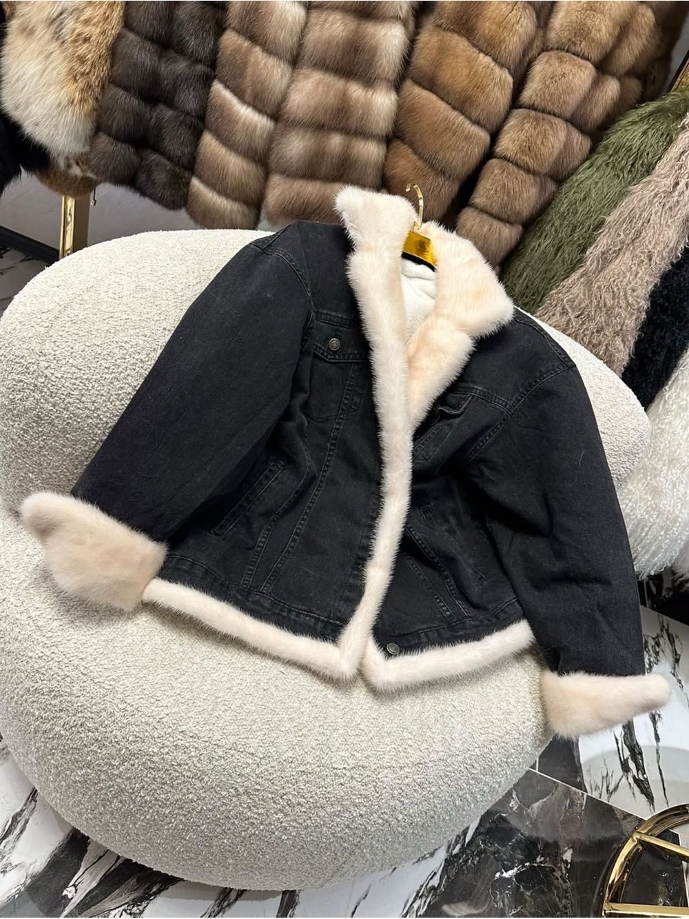 Black Denim Jacket with Cream mink -Fur Trim - Women's Coat
